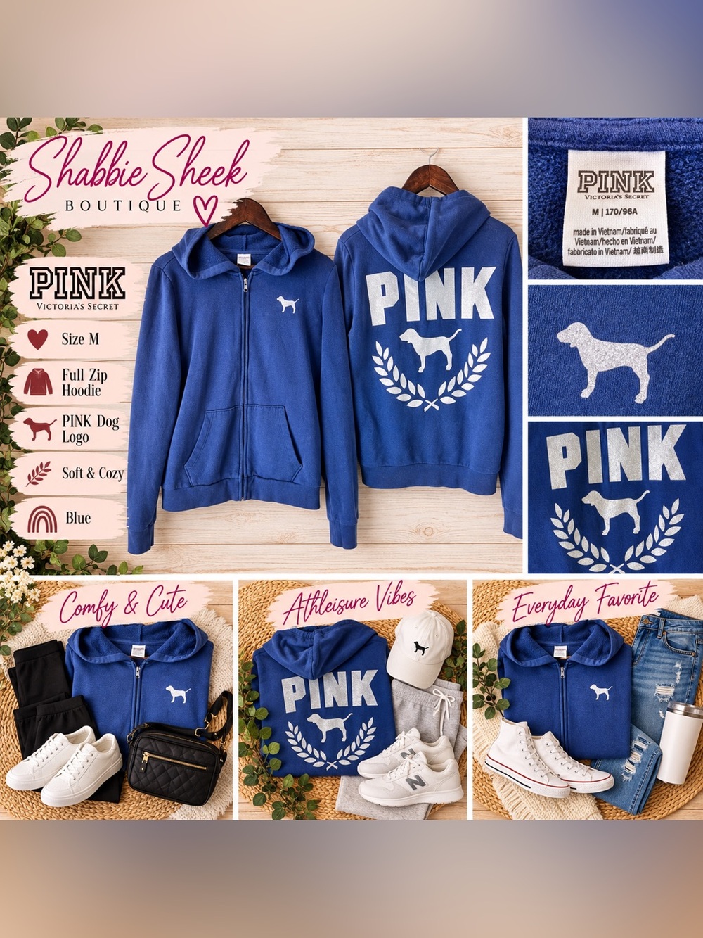 PINK Victoria’s Secret Size M Blue Full Zip Hoodie Sweatshirt